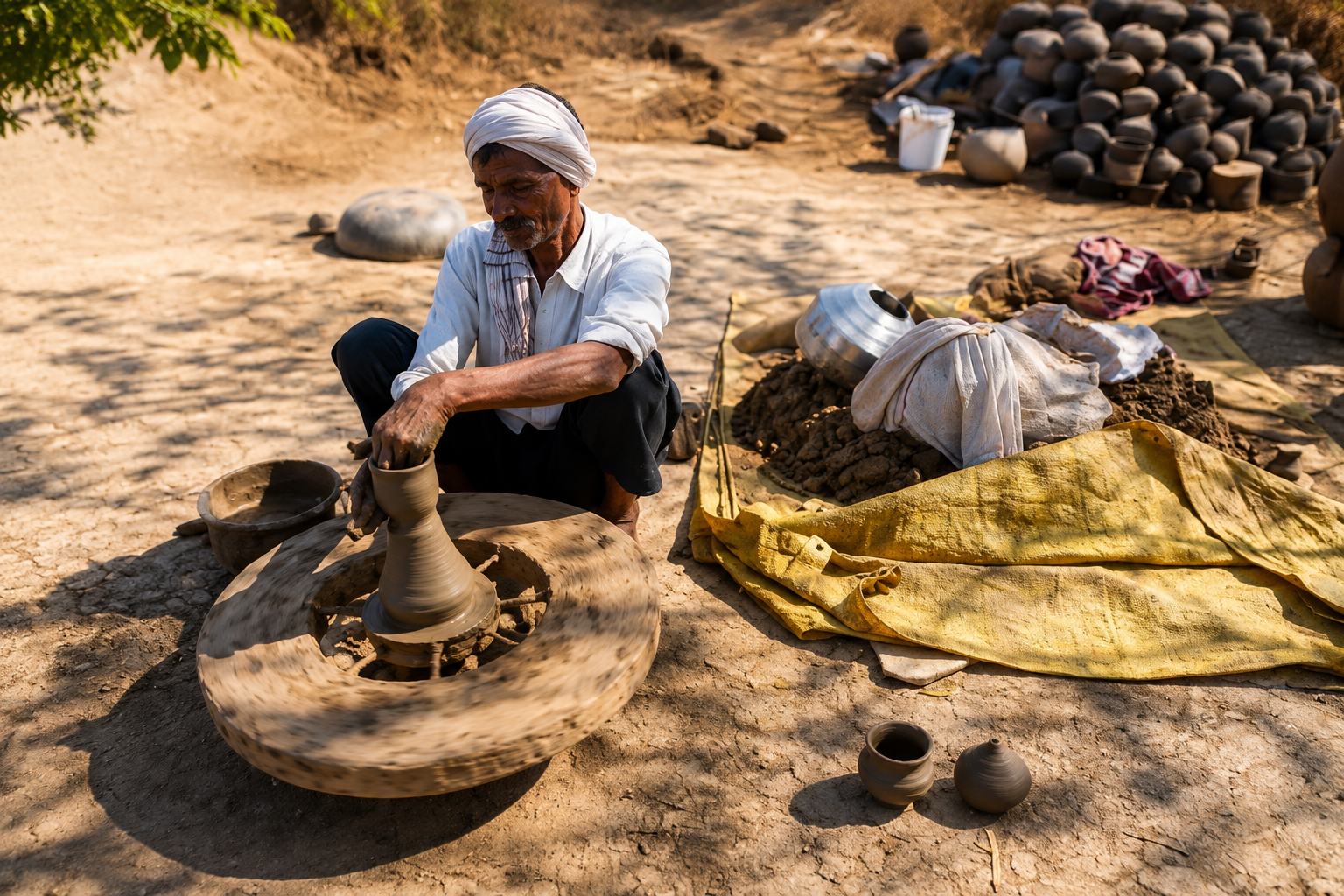 Traditional Maharashtra village potter on wheel crafting clay earthenware